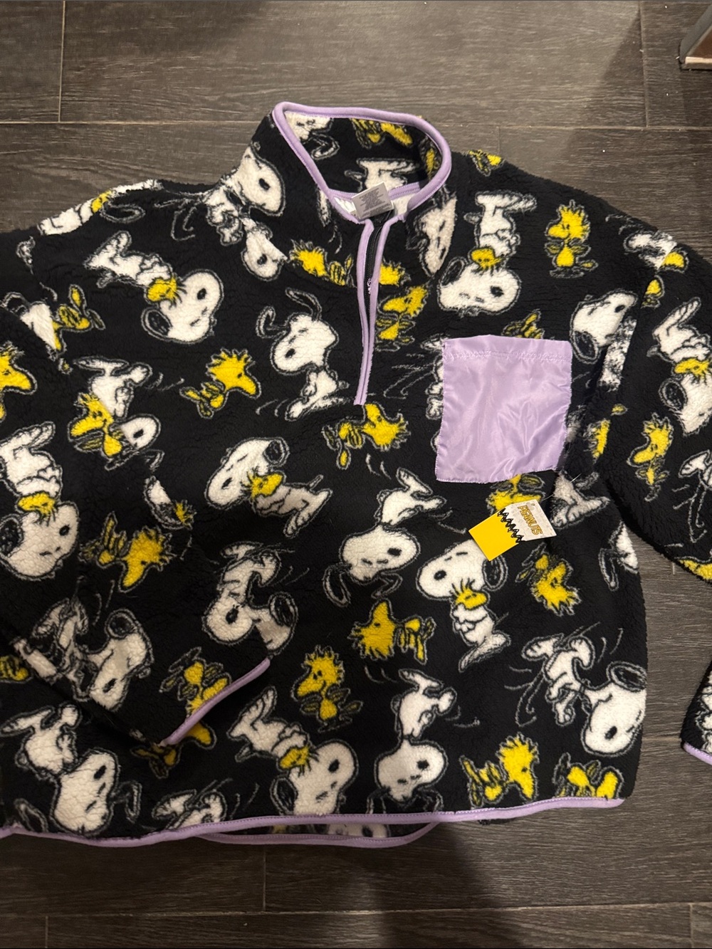 Snoopy & Woodstock Black Fleece Pullover with Lavender Trim